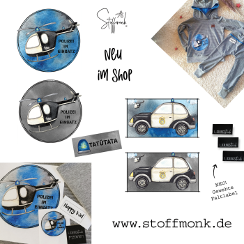 Patch / Aufnäher  - "Polizeiauto + Hubschrauber" - grau - eckig